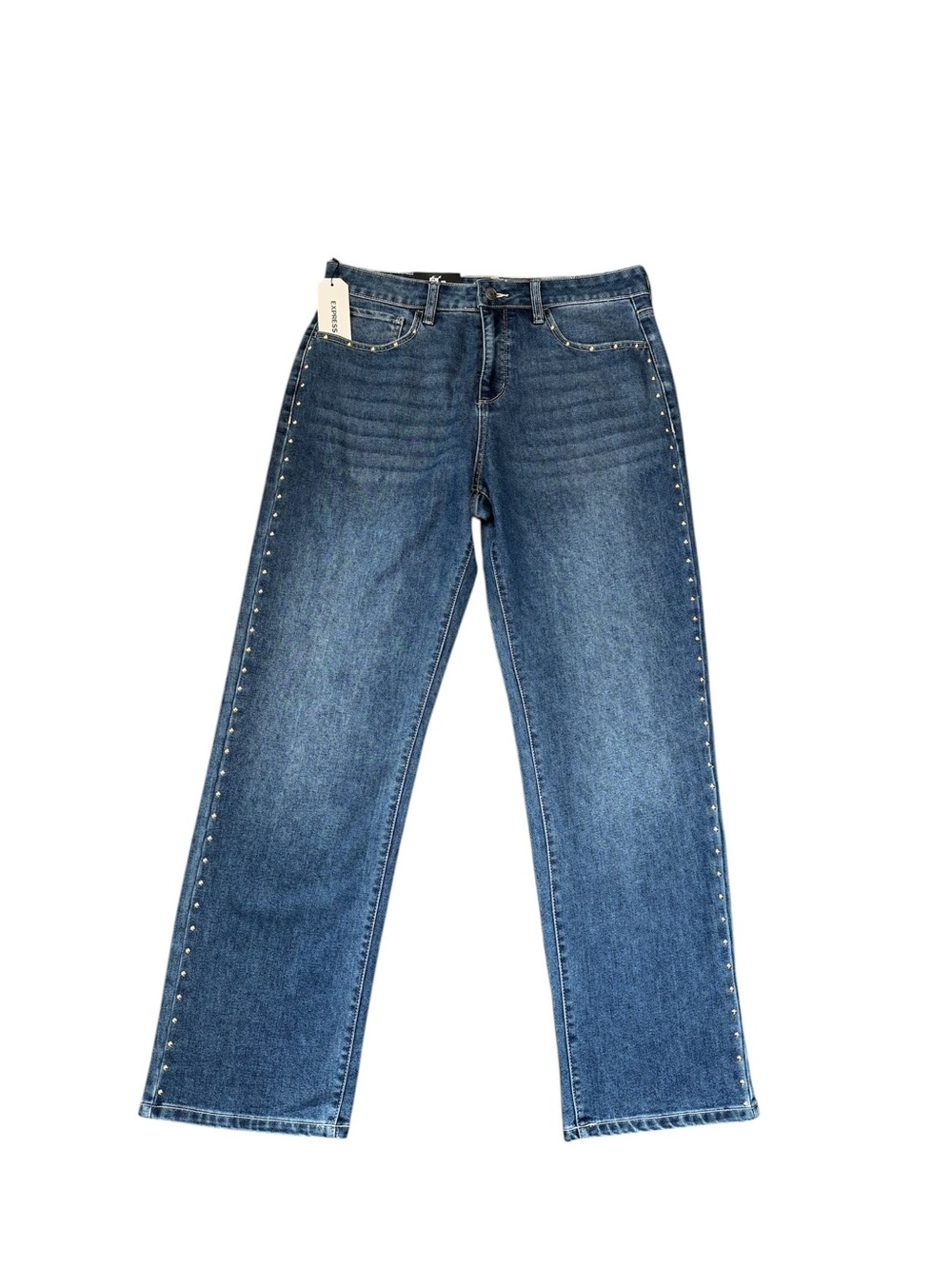 Express Embellished Jean Highrise Straight Leg Med Wash Blue Denim Size 8